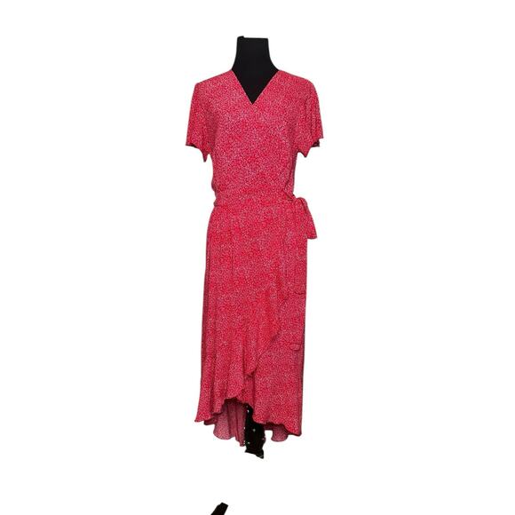 Zesica Dresses & Skirts - Zesica red white print short sleeves wrap midi dress size Small